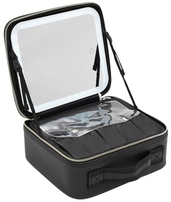 HOARLICN Beautycase Damen, Schminktasche Mit Spiegel Und Licht Make Up Tasche Makeup Bag Mit Verstellbare Trennwände Mittlere Aufbewahrungstasche Doppelreißverschluss Design (Schwarz)