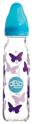 dBb Remond Biberon Régul'Air 240 ml en verre - Tétine NN -nouveau-né- anticolique en silicone - Débit régulier - 1er âge, 0 à 4 mois - Fabrication française - Décor Papillons Turquoise