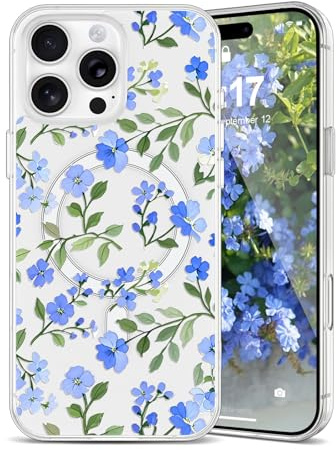 EYZUTAK Magnetic for iPhone 11 Pro Case, Pretty Flower Clear Case, Blue