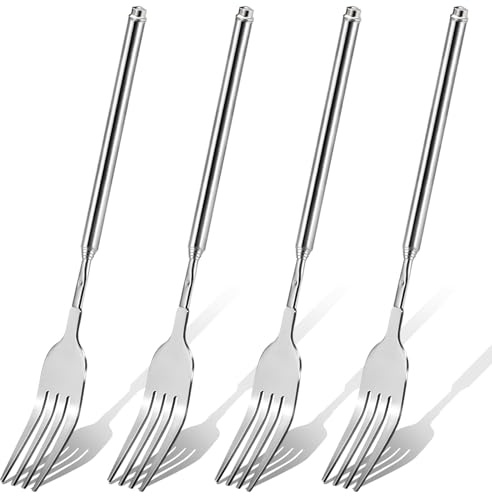 4 PCS Extendable Fork Set, Long Forks, Extended Stainless Steel Telescopic Forks for BBQ, Dinner, Dessert, Sausages, Hot Dogs, 9 to 25.2 Silver