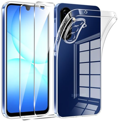 Phoona HandyHülle für Samsung Galaxy A17 5G Hülle mit 2 Stück Panzerfolie,Dünne Weiche TPU Silikon Transparent Stoßfest Schutzhülle für Samsung A17 Hülle Klar Kratzfest