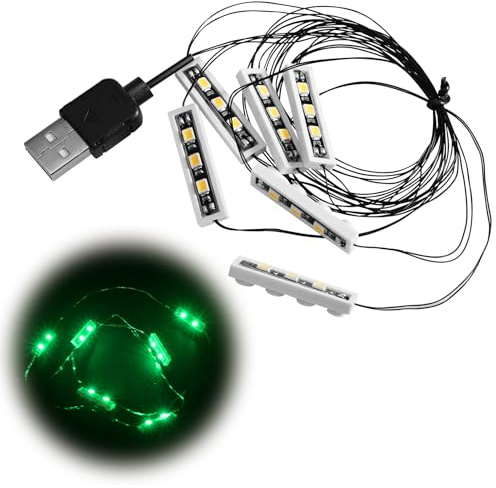 Tulov 6x Grüne LED Bausteinlampen 1x4, USB für Modelle & DIY | Grüne 1x4cm LED-Elemente mit USB-Betrieb für dekorative Beleuchtung von Bausteinmodellen, Dioramen und kreativen Projekten