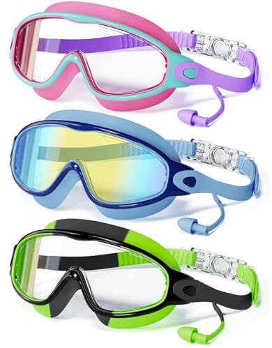 CMBJJU 3 Pack Swimming Goggles, Kid Goggles with Earplugs Large Frame Anti-Fog/UV Wide View Swim Goggles Boys Girls 4-12 (3PACK-Purple+Colorful Blue+Green-SG09)