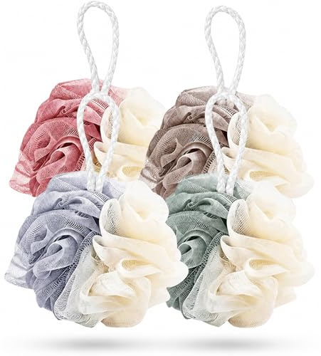 4 Pcs Fleurs de Douche Bicolores, Éponges de Douche Exfoliantes en Maille | Loofah Mesh Sponge, 4 Couleurs, Nettoyage en Profondeur des Pores, Mousse Riche