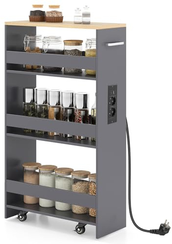 COSTWAY Nischenwagen 20cm breit, 4 Etagen Küchenwagen schmal mit Ladestation, Nischenregal auf Rollen, Servierwagen mit Griff & Geländern, Badregal Holz, für Küche, Badezimmer (Grau)