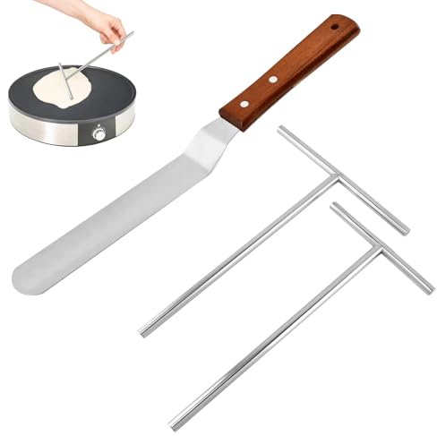 Crepe Spreader and Spatula Kit,1pc Wood Handle Curved Offset Spacula,2pcs T-Shaped Batter Spreaders,Stainless Steel Crepe Spreader Tool,Easy to Use,Fit any Crepe-Pan Maker