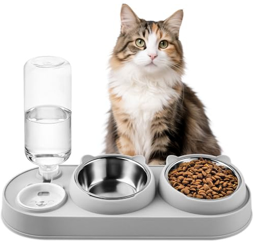 3 in 1 Cat Bowl, Raised Cat Food And Water Bowl Set with Water Dispenser | Stainless Steel Bowls with Stand Tilted 15°, Non-Slip Kitten Feeding Bowls For Cats & Dogs (Grey)