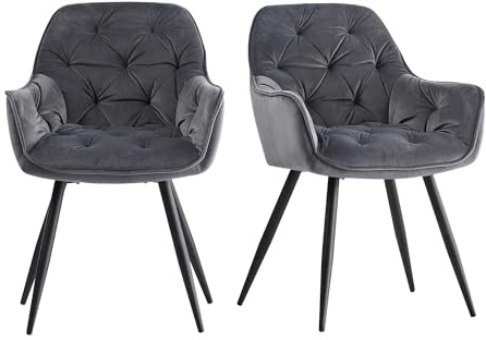 JaHECOME 2er-Set Samt Esszimmerstuhl,Esszimmersessel, Retro-Design,gepolsterter Sitz mit Armlehne, Metallbeine für Restaurant, Esszimmer und Küche (2, grau)