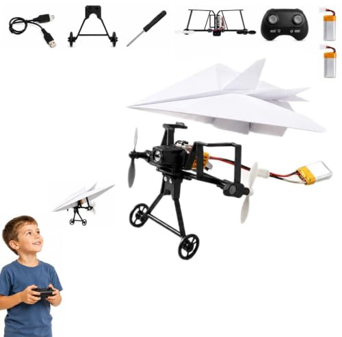 XIANGSHI Rc Paper Airplane Kit with Gyro Stabilizer, DIY Electric Remote Control Plane, Dual Propellers Rc Plane Kit, Lightweight Foldable Electric Remote Control Paper Plane (Two Batteries)