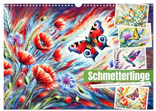 Schmetterlinge und ihre Blumenfreunde in lebhaften Farben (Wandkalender 2026 DIN A3 quer), CALVENDO Monatskalender: Kunstvolle Begegnungen zwischen Schmetterlingen und Blumen (CALVENDO Tiere)