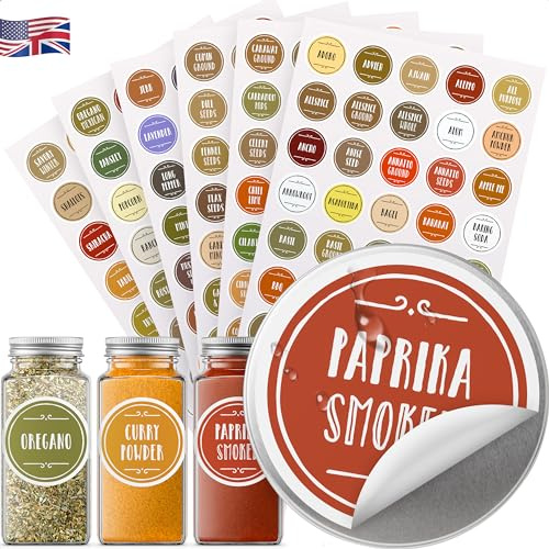 210 Colour-coded Spice Labels, Waterproof Oil-Resistant Round 38 mm Preprinted Stickers for Spice Jars; Bonus: Free Printable Custom Labels; Kitchen Organization