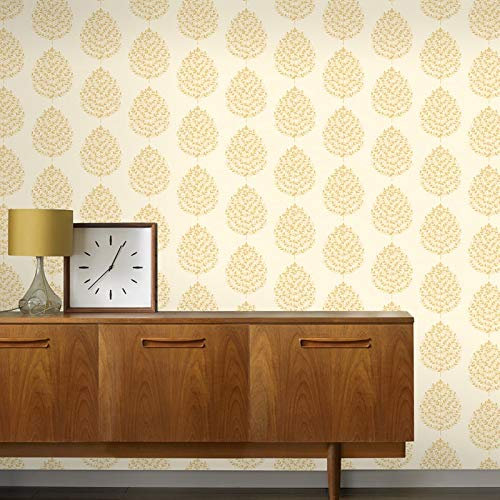Willow Leaf Floral Motif with Glitter Detail on a Light Cream Textured Background Wallpaper Paste The Wall (Gold)