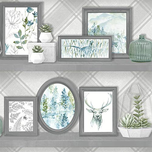 Stag Frames Wallpaper Animal Print Pheasant Floral Flowers Grey Teal Holden