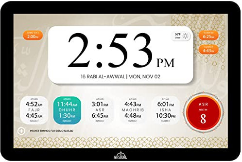 Masjidal 10 Digital Azan Clock, WiFi, Dynamic Touchscreen, Worldwide Prayer Times, Full Quran Player, Islamic Art, Streaming Halal Muslim Content Including Duas, Dhikr, Hadith, Verse of the Day, Blk