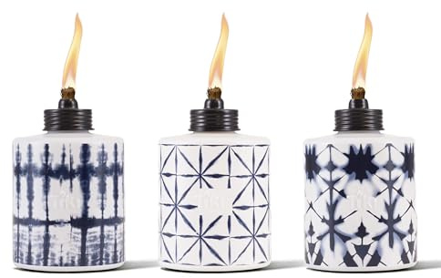 TIKI Glass Tie-Dye Tabletop Torches, 3-Pack – Decorative Outdoor TIKI Torches for Patio, Backyard & Garden – Portable Tabletop Citronella Torches for Outdoor Lighting – Blue, 5.75-Inch