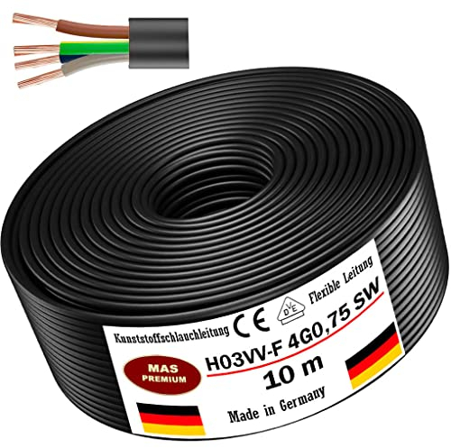 MAS Premium Von 5 bis 100m Kunststoffschlauchleitung H03VV-F 2X0,5, 2X0,75, 3G0,75 oder 4G0,75 Flexible Leitung Kabel Gerätekabel (H03VV-F 4G0,75 SW, 10m)