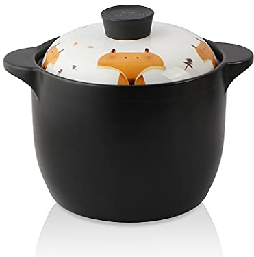 Lotus Blue 5-Quart Cartoon Pattern Ceramic Round Black Dish Casserole/Clay Pot/Earthen Pot/Ceramic Cookware With White Lid Heat-Resistant Gift Box (FOX)
