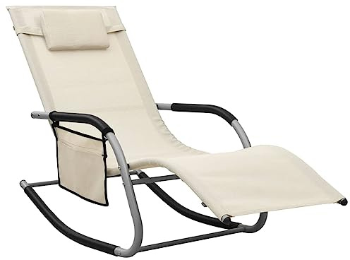 SKTQYQO Sonnenliege aus Textilene Creme und Grau mit Kissen und Seitentasche, wetterfester Liegestuhl für Garten und Strand, Gestell aus Stahl