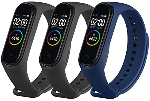 WOOZ [3 Pack] Straps for Xiaomi Mi Smart Band 4 / Mi Band 3, Colourful Replacement Bracelet in Anti-Lost Silicone Designed Fitness Tracker Accessories (Black,Black,Navy blue)