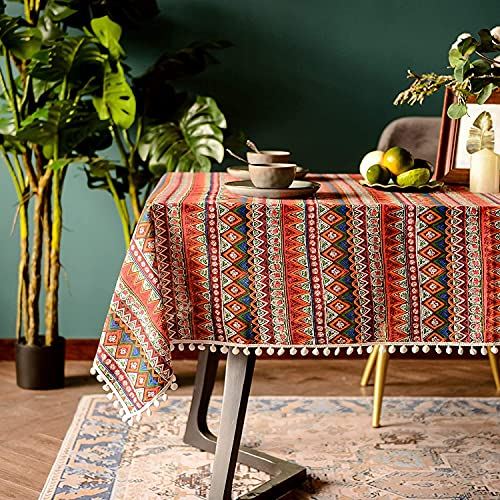 Lanqinglv Bohemian Tischdecke 140x240cm mit Quaste Baumwolle und Leinen Abwaschbar Rot Bunt Indisch Vintage Rechteckig Gartentischdecke Küchentischabdeckung für Speisetisch
