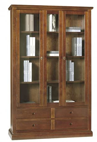 Mar.c.a. Design - Vetrinetta Arte Povera in Legno 119x40x185 cm - 3 ante Vetro 4 Cassetti con Base Piatta Made in Italy