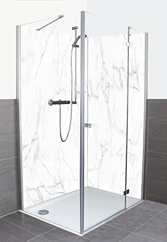 ARTland Duschrückwand Eck mit Motiv Alu Rückwand Dusche Bad Verkleidung wasserfest Duschwand Größe personalisiert 2 Segmente Weiße Marmor Textur U1RF