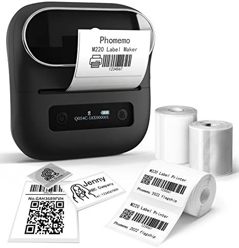 Phomemo M220 Etikettendrucker, Tragbarer Ettikettendrucker Beschriftungsgerät Bluetooth Thermo Etiketten Barcode,Einzelhandel,kleine Unternehmen, mit Smartphone & PC, Mit 3 Rollen Etiketten