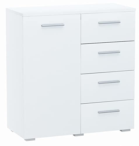 MATKAM Kommode Helena B80 x H84,5 x T35 cm, Sideboard mit 4 Schubladen und 1 Fächer mit Türen, ideal für Büro, Diele, Wohnzimmer, Jugend- oder Kinderzimmer (Weiß)
