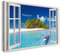 Printistico Bilder Fensterblick 100x70cm Baumwoll-Leinwand auf Keilrahmen mit Aufhänger moderner Kunstdruck XXL Wandbilder Wand-Dekoration Insel Palmen Urlaub Meer Strand - Natur-Fotografie