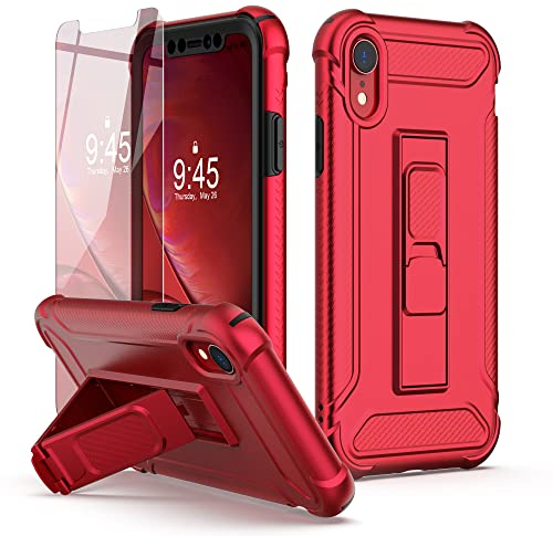 ORETECH 5-in-1 iPhone XR Hülle Mit 2 Schutzfolien, Ständer, Vorder- und Rückhülle - Militärschutz Stoßfest Ganzkörperschutz Handyhülle für 6,1 - Rot