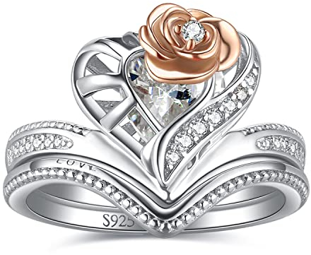 JewelryPalace 2ct Amour Coeur Cage Bicolore Fleurs Roses Bague Zirconia Pierre Argent 925 Femme, Or Rose 14k Bague Fiançailles Mariage Love Promise Anneau Alliance, Forme en V Ensemble Bijoux Mariage