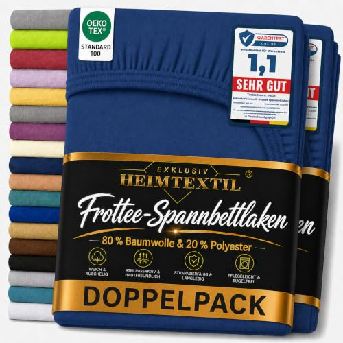 EXKLUSIV HEIMTEXTIL Frottee Spannbettlaken Doppelpack 120 x 200 cm 80% Baumwolle, 20% Polyester Öko - Tex Zertifiziert, Markenqualität, Matratzenhöhe bis 25 cm, Navyblau
