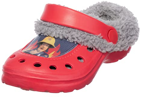 Brandsseller Kinder Clogs Feuerwehrmann Winter Hauschuhe Gartenschuhe Leicht | Warm | Gefüttert | Rot/Grau 27/28