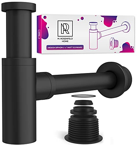 Siphon Schwarz Matt für Waschbecken, Premium Siphon Waschtisch, Messing Wände, Geruchsverschluss inkl. Dichtungen und Reinigungsöffnung, 1 1/4, 60-140mm Höhe, 330mm Länge – M. ROSENFELD HOME