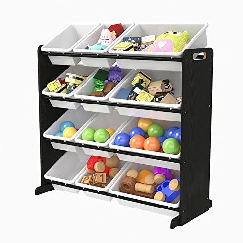 Duffy® Kids Storage Unit Toy Box Organiser Bookshelf With Removable Baskets, for Bedroom, Nursery, Playroom (Black Wood With White Bins)
