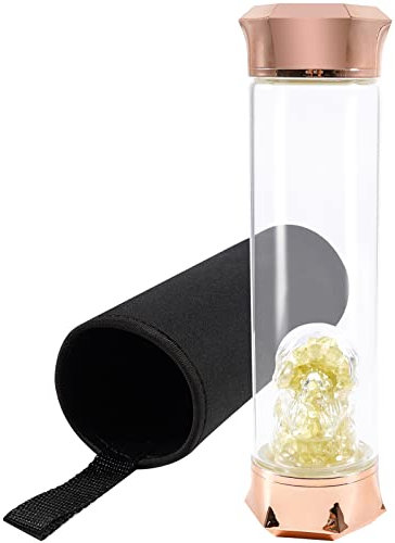 soulnioi Healing Crystal Glass Water Bottle Stainless Steel Water Bottle(500ML) with Natural Crushed Crystal Stones Skull Shaped, Black Protective Cup Cover, Energy Cup Gifts for Friends (Citrine)