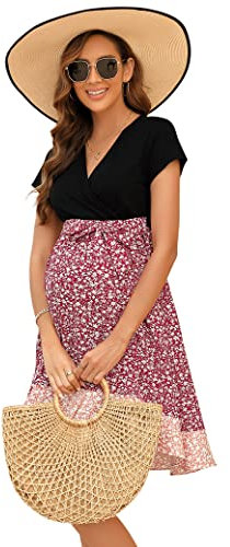 KOJOOIN Damen Umstandskleid V Ausschnitt Stillkleid Knielang Hohe Taille Schwangerschaftskleid mit Kurzarm Roter Aufdruck M