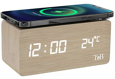 T'nB - Réveil Dynamo avec Chargeur Induction 10W, 3 Alarmes Programmables, Température, Luminosité Réglable, Mode Week-End, Horloge Numérique Effet Bois - Couleur Bois