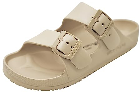 VICT POPU Pantoletten Damen mit Fussbett Sandalen Flach Rutschfest Sommer Badelatschen Lässig EVA Slides Erwachsene Schlappen Beige 37