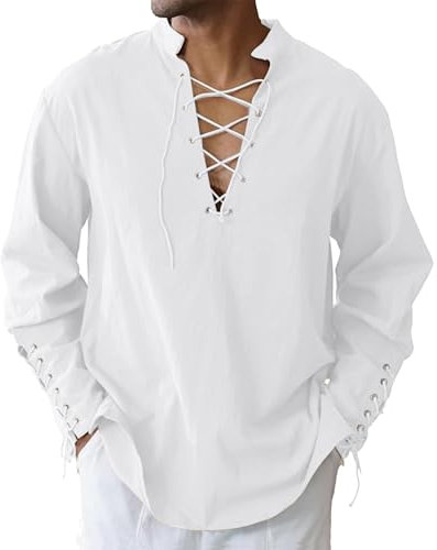LVCBL Men Classic Linen Shirts Medieval Vintage Costume Long Sleeve Tops for Halloween White XL