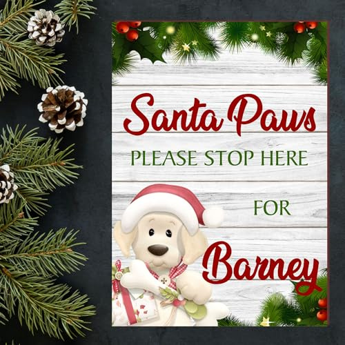 Personalised 'Santa Please Stop Here' Plaque Sign - Rustic Christmas Wall Art for Kids' Rooms - Customisable Xmas Gift Decoration (A5 MDF Wood: Indoor Use Only, Santa Paws Dog Design)