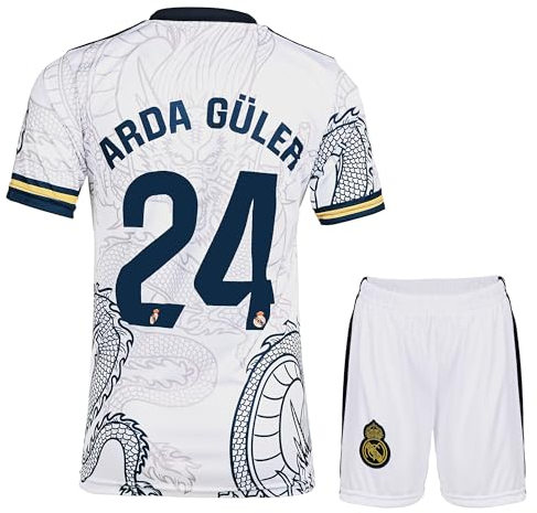 KISRAS R. Madrid Heim Guler #24 Black Dragon Retro Limitierte Sonderedition Seltenes Fußball Kinder Trikot Shorts Set Jugendgrößen (Weiß Dragon,140)