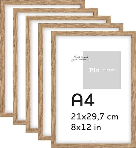 Pix FRAMES 5er Bilderrahmen Set A4 - Holzrahmen für Foto - Rahmen mit Scheiben aus acrylglas - Rahmen zum Aufhängen und Aufstellen - Modern Photo Frame - Eiche