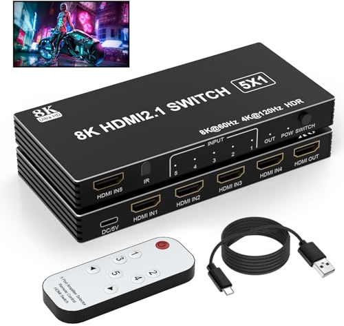 8K HDMI Switch 5 in 1 Out, 5 Port HDMI Splitter mit IR HDMI Switcher Selector Box Unterstützung 8K@60Hz 4K@120Hz, HDMI 2.1 Switch kompatibel mit PS 5/4/3 Xbox Switch PC