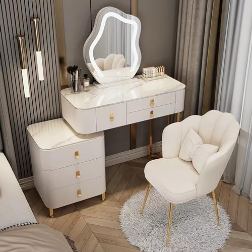 DGPBD Schminktisch Mit LED-Beleuchtung, Spiegel, Gepolsterter Hocker Und Make-up-Organizer Kosmetiktisch Für Damen Und Mädchen, Frisierkommode Aus MDF Holz, Make-up Tisch
