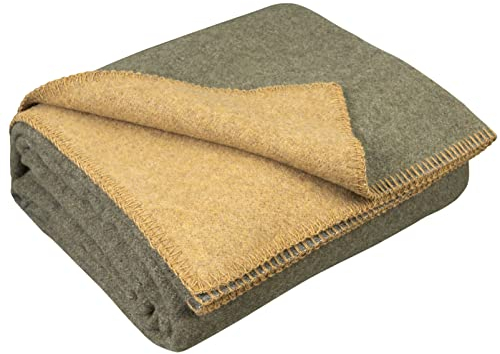 LYHome Manta Lana Merino - Plaid de Lana de Oveja para Viaje Militar Camping, Cubre para Sofa Cama, Mantas Sofas, Cobijas Calientes Invierno Verano (130 x 170 cm, Verde Oliva y Mostaza Doble-Cara)