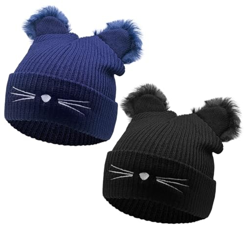 XNIVUIS Schwarz Blau Cat Beanie,Damen Mütze Katzenohren,Wintermütze mit Katzenohren Strickmütze,Weiche Beanie Winter für Mädchen Damen Geschenke,Geschenke für Katzenliebhaber(2 Stück)