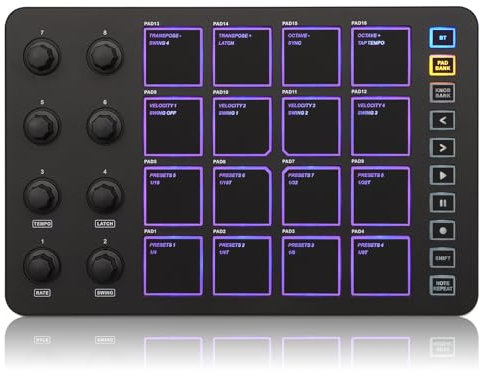 M-WAVE Wireless MIDI Controller Pads, Bluetooth Portable USB MIDI Controller with 16 MPC Drum Pads, 8 Assignable Knobs, Note Repeat, Full Level Buttons, Rechargeable Battery (Black Pad)