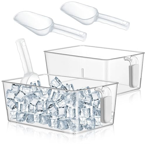 Havawish 2 Set Ice Storage Bin and Flexible Scoop Set Plastic Freezer Bin with Pull out Handle Storage Bucket Clear for Container with Scoop (gray, 10.83 x 7 x 4.33 in, Classic)