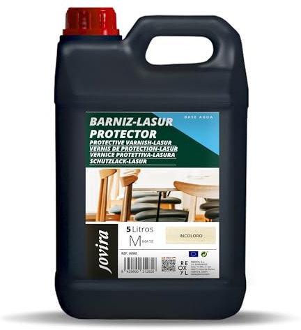 JOVIRA PINTURAS BARNIZ-LASUR Protector Mate al Agua. Protege, decora y embellece todo tipo de madera. (5 Litros, Incoloro) K-7